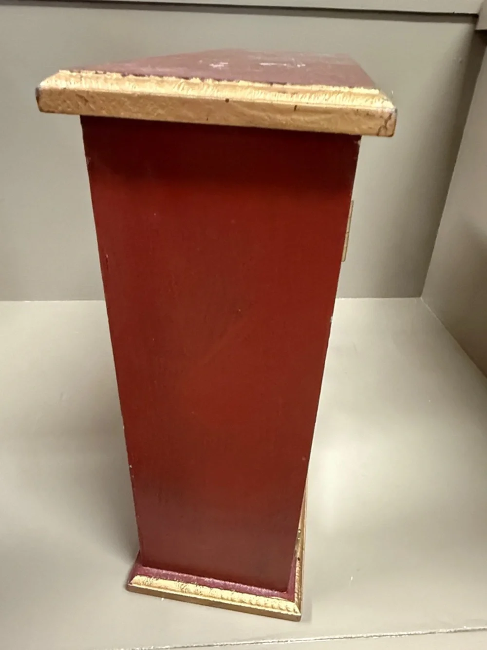 Reddish & Gold Wooden Jewelry Cabinet with Mirror & 3 Drawers. 12” x 13” x 5”